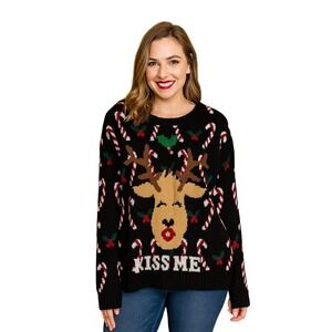 Love by Design Christmas Sweater Women's Small Reindeer Kiss Me Candy Cane‎
